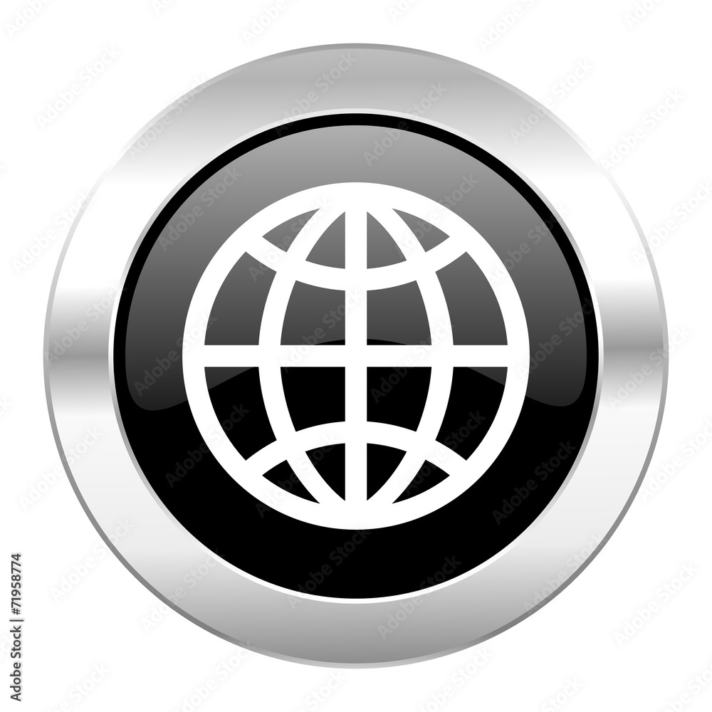 earth black circle glossy chrome icon isolated earth black circle glossy chrome icon isolated