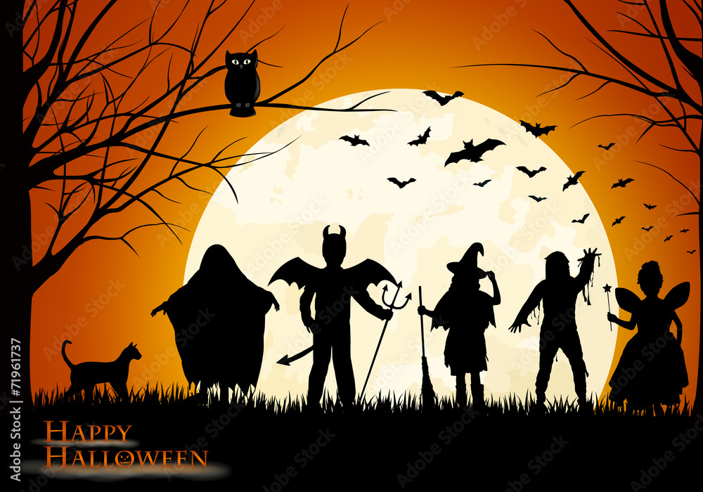 Naklejka premium Halloween - verkleidete Kindersilhouetten - trick or treat