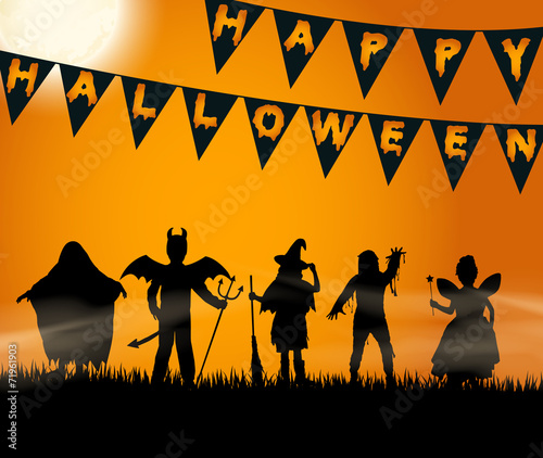 Halloween - verkleidete Kindersilhouetten - trick or treat