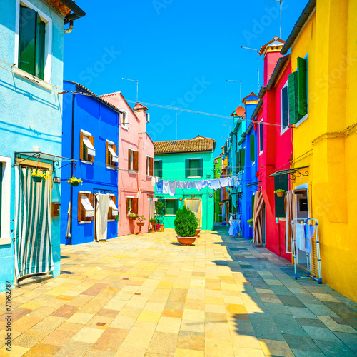 Venice landmark, Burano island street, colorful houses, Italy