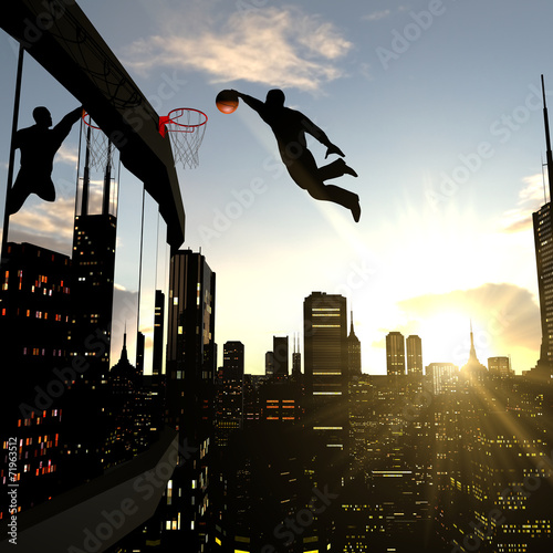 Photography A businessman performing a slam dunk on the top of a skyscraper
