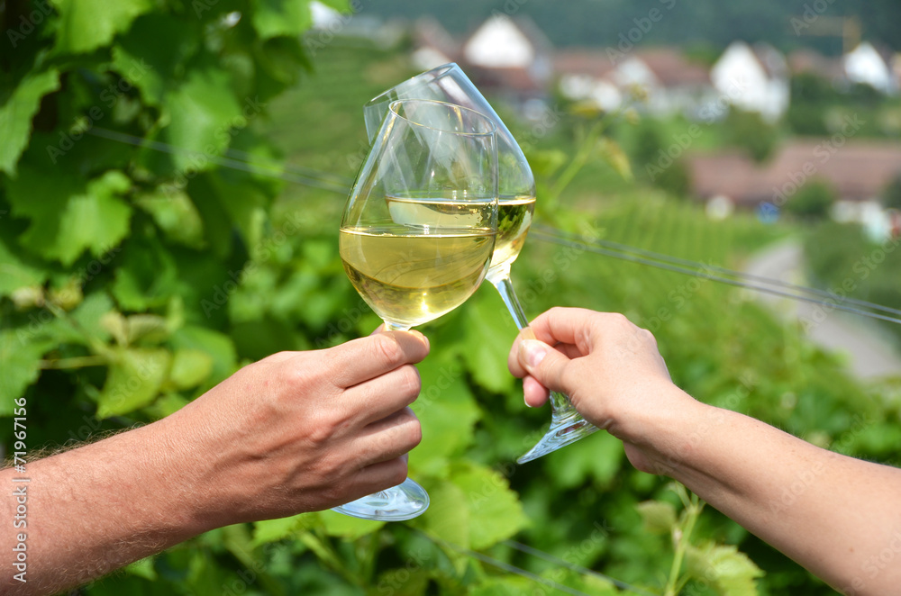 Pair of wineglasses against vineyards in Rheinau, Switzerland