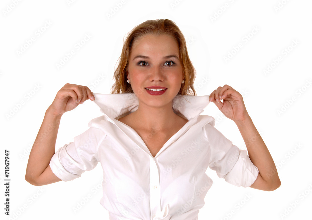 Blond woman holding collar. Blond woman holding collar.
