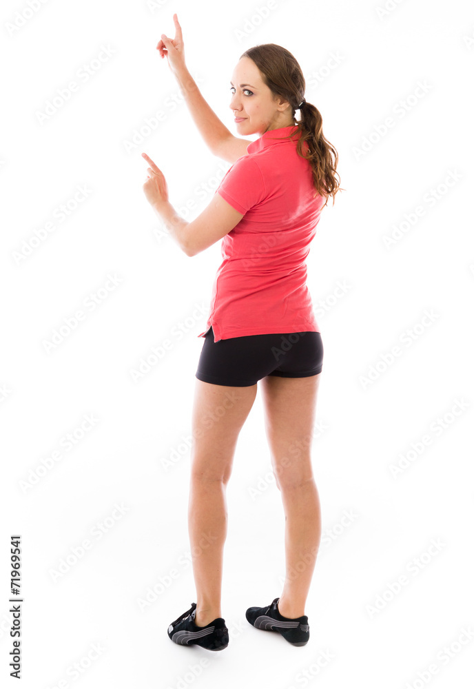 model isolated on plain background looking at camera pointing model isolated on plain background looking at camera pointing