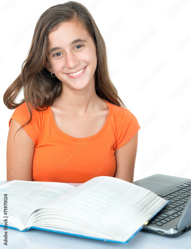 Hispanic teenage girl studying isolated on white Hispanic teenage girl studying isolated on white