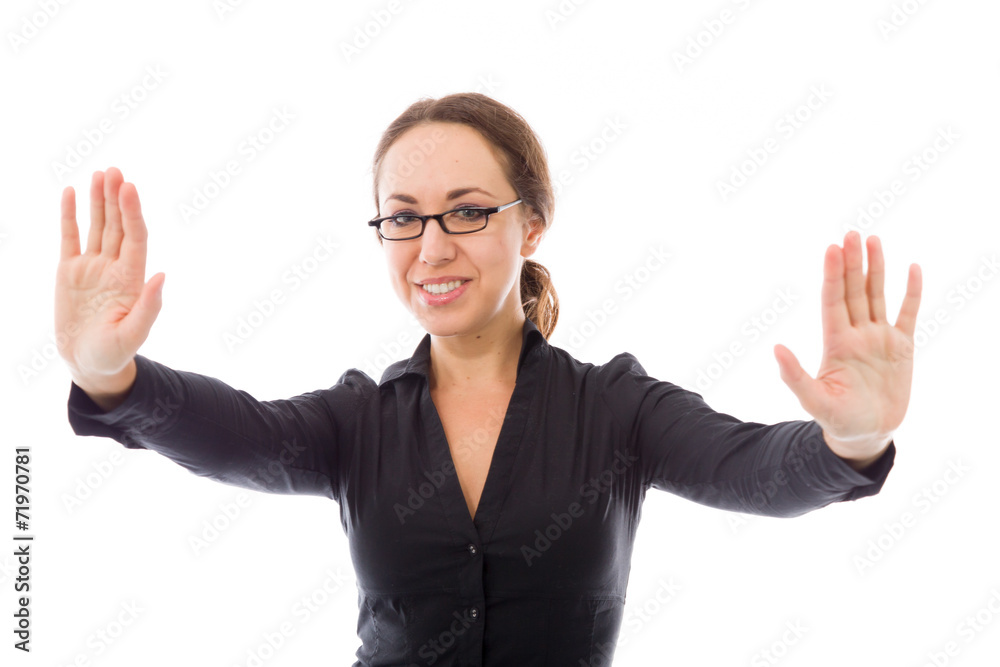 model isolated on plain background stop sign with hands model isolated on plain background stop sign with hands