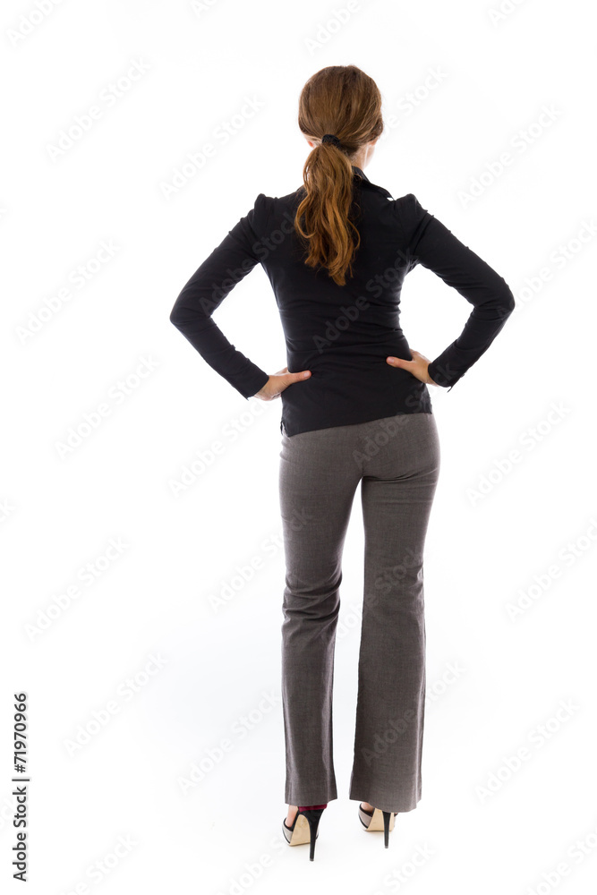 model isolated on plain background back hands on hips model isolated on plain background back hands on hips
