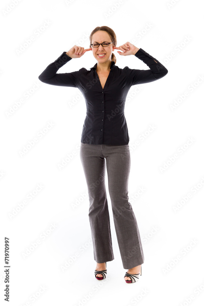model isolated on plain background plugging ears with fingers model isolated on plain background plugging ears with fingers
