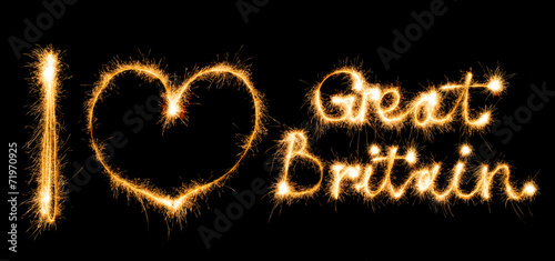 Inscription I love Great Britain made of sparkles on black
