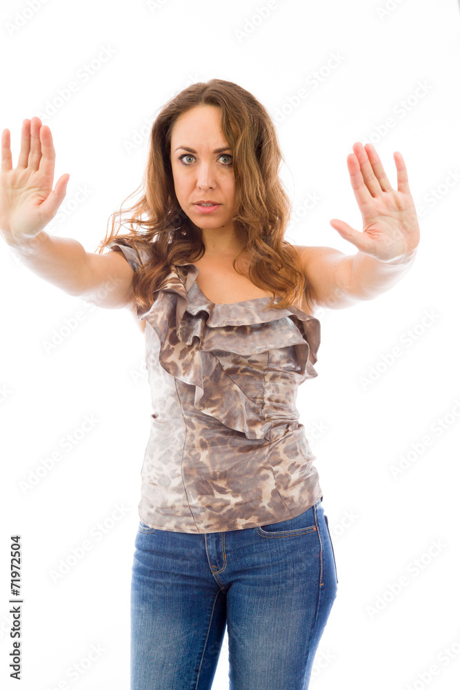 model isolated on plain background stop sign with hands model isolated on plain background stop sign with hands