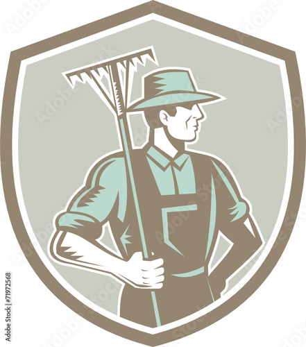 Organic Farmer Rake Shield Woodcut Retro
