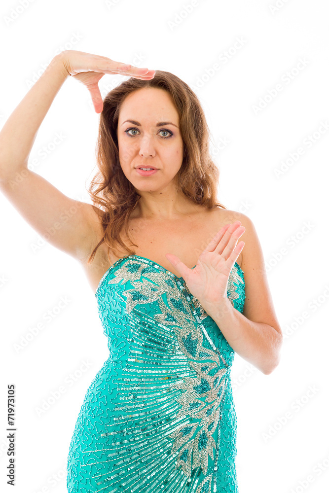 model isolated on plain background hand gesture framing focusing