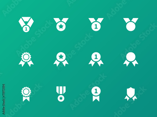 Award medal icons on green background.