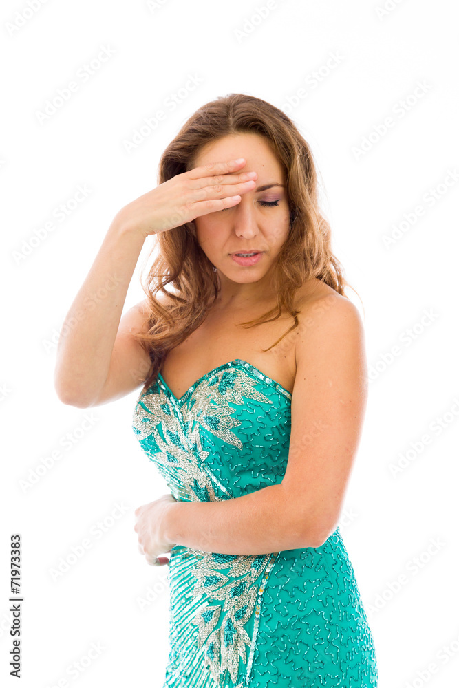 model isolated on plain background ashamed hiding face in hand model isolated on plain background ashamed hiding face in hand