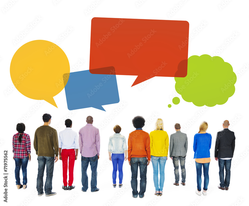 Multiethnic Diverse People Rear View with Speech Bubbles Multiethnic Diverse People Rear View with Speech Bubbles