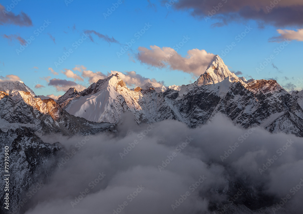 Sacred Ama Dablam peak (6814 m) at sunrise. Nepal, Himalayas.