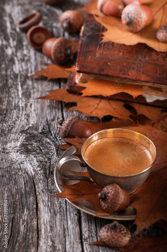 Wooden background with coffee from acorns