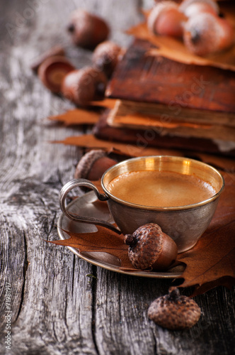 Wooden background with coffee from acorns