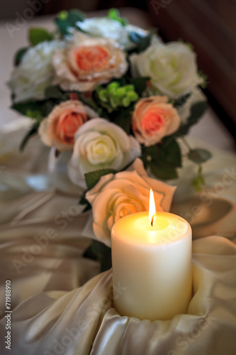 Burning Candle on Banquet Table