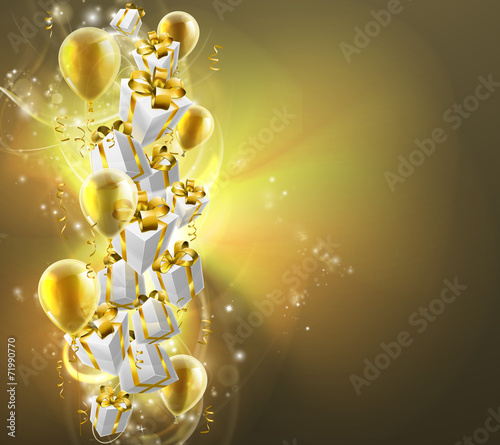 Gold balloons and gifts background