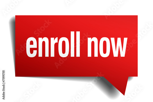 enroll now red 3d realistic paper speech bubble