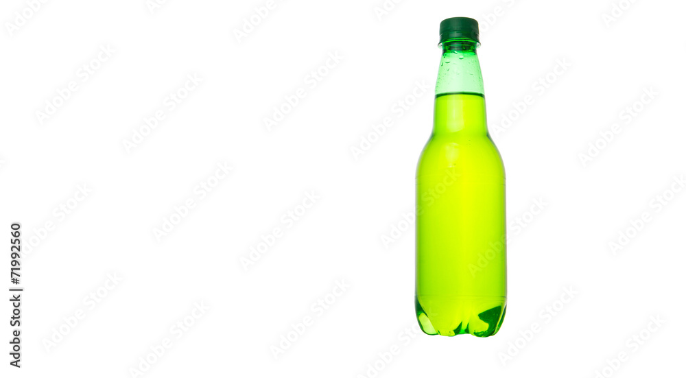 Green colored soda drinks in bottles over white background Green colored soda drinks in bottles over white background