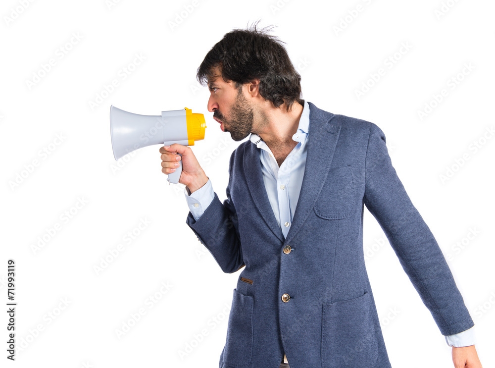 Businessman shouting over isolated white background Businessman shouting over isolated white background