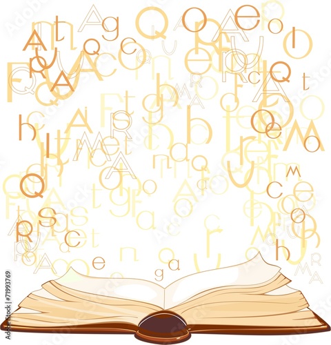Background with open book and flying letters