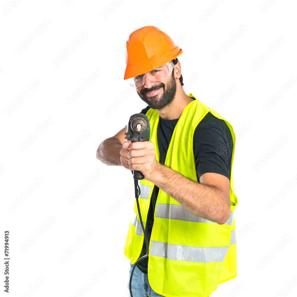 workman with drill over white background workman with drill over white background