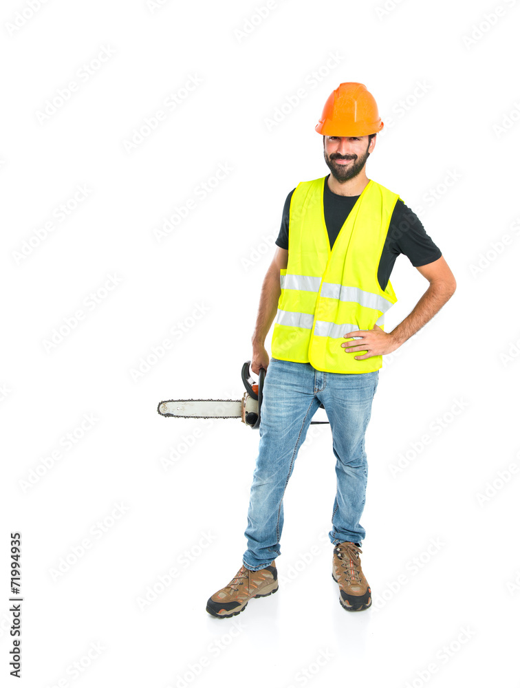 Workman with chainsaw over white background Workman with chainsaw over white background