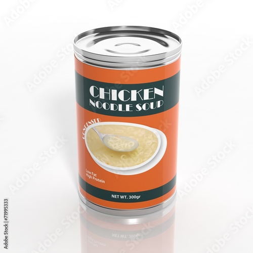 3D noodle soup metallic can isolated on white
