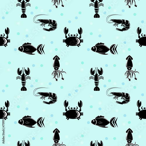 seamless pattern with fish, crab and shrimp