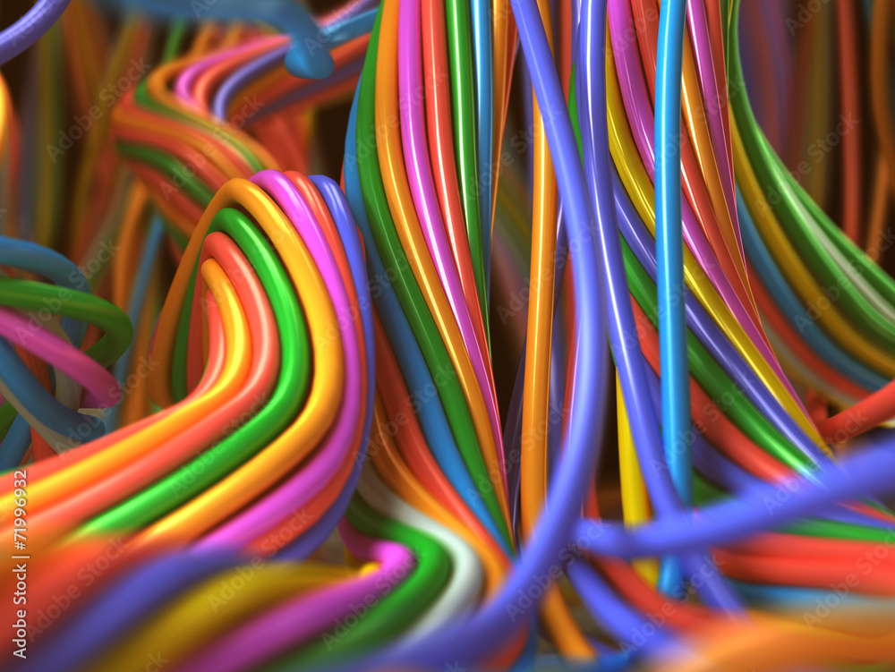 Closeup multicolor cables. Fantasy network. 3d illustration