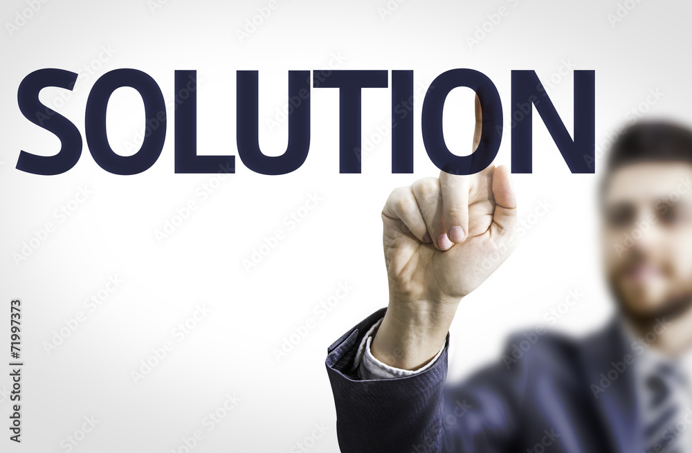 Business man pointing to transparent board with text: Solution