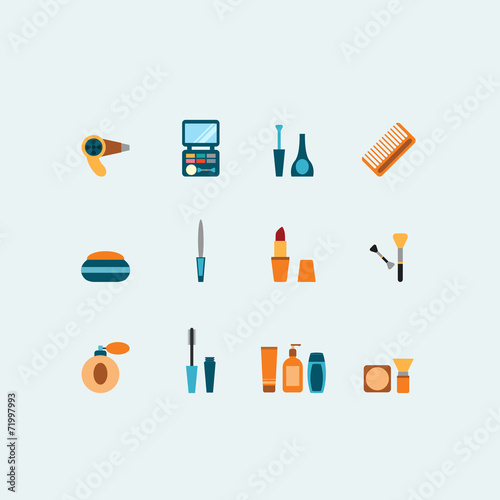 Set of colored vector hairstyling and makeup icons showing