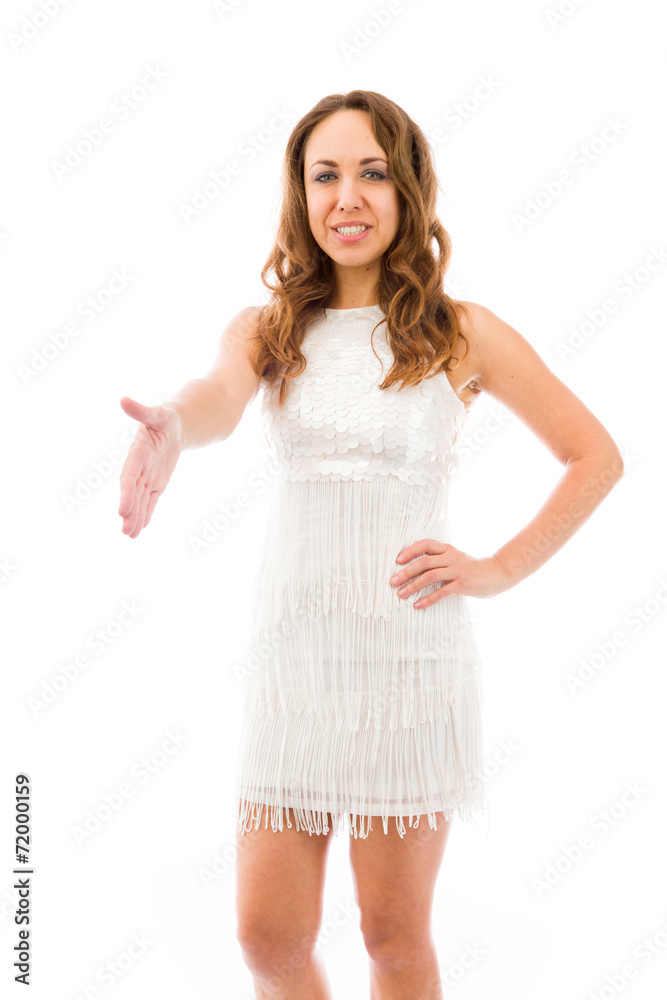 model isolated on plain background greetings hand shake model isolated on plain background greetings hand shake