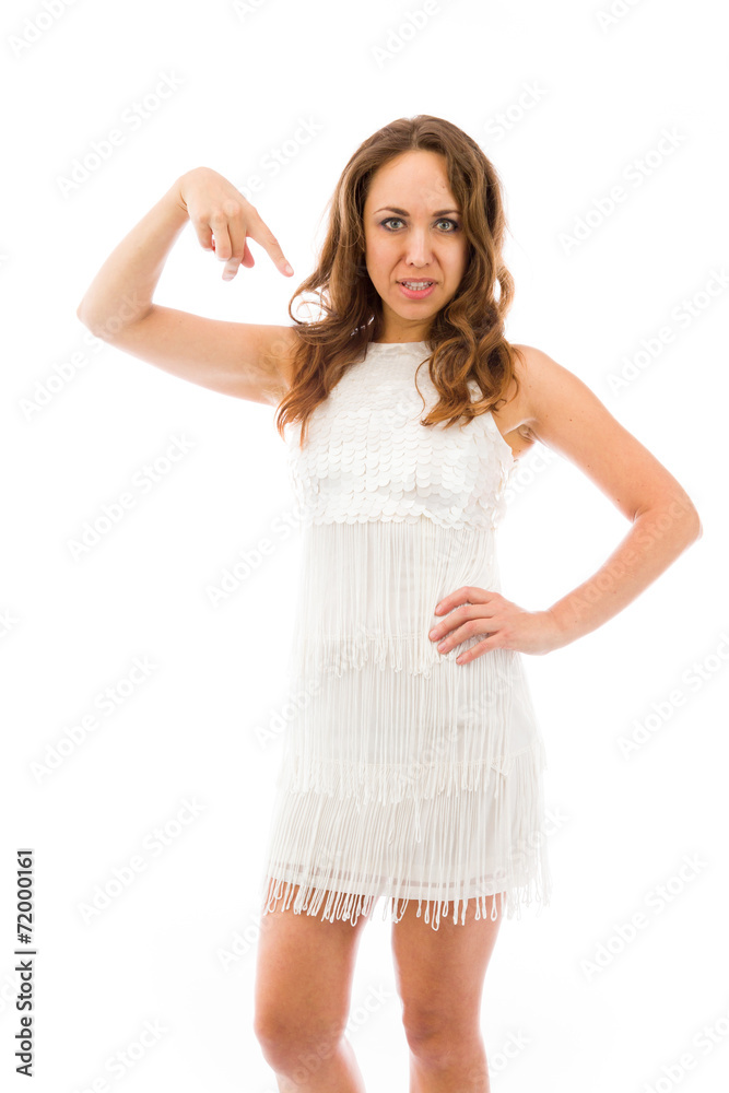 model isolated on plain background pointing to herself model isolated on plain background pointing to herself