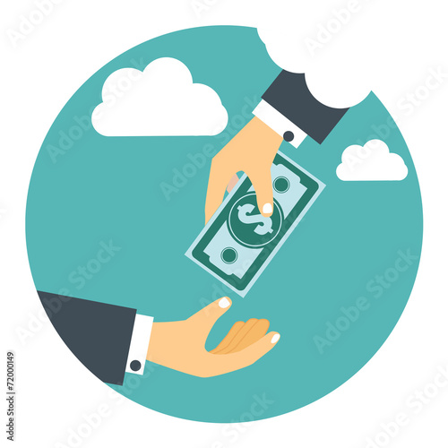Hand in sky. giving money to other hand