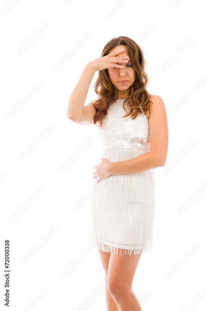 model isolated on plain background ashamed hiding face in hand model isolated on plain background ashamed hiding face in hand