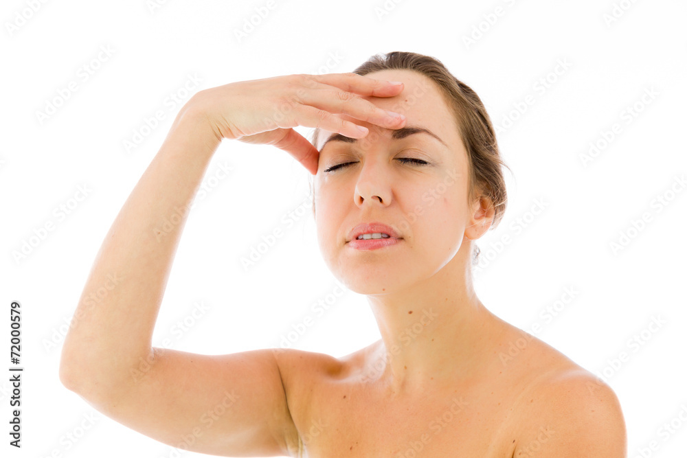 model isolated on plain background ashamed hiding face in hand model isolated on plain background ashamed hiding face in hand