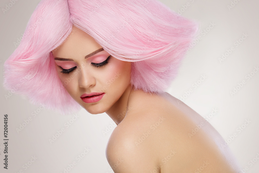 Beauty Fashion Model Girl with Pink Hair. Colourful Hair. Colour