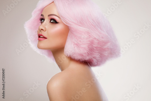 Beauty Fashion Model Girl with Pink Hair. Colourful Hair. Colour