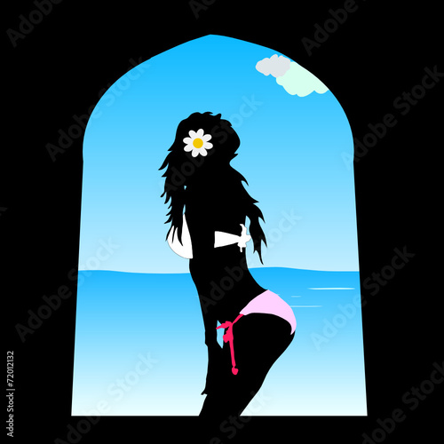 girl in white bikini on window vector