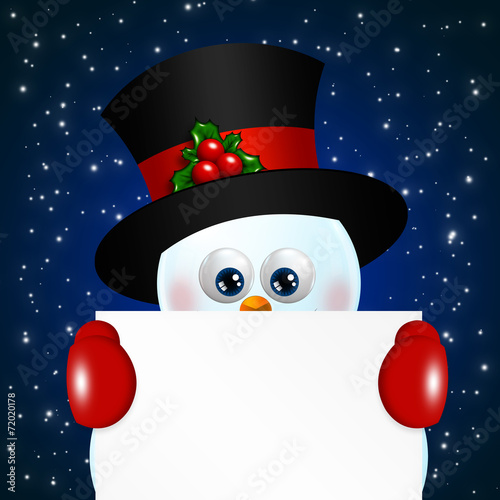 christmas snowman holding blank over blue background photo