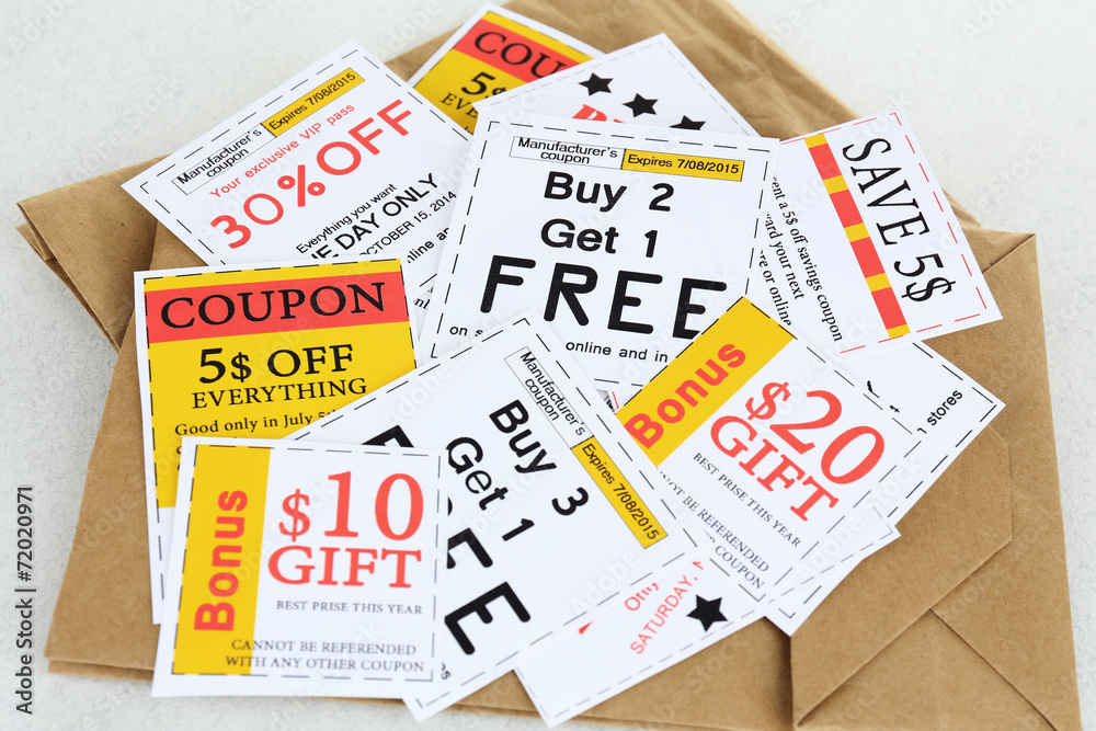 Set of cut coupons for shopping to save money Stock Photo | Adobe Stock