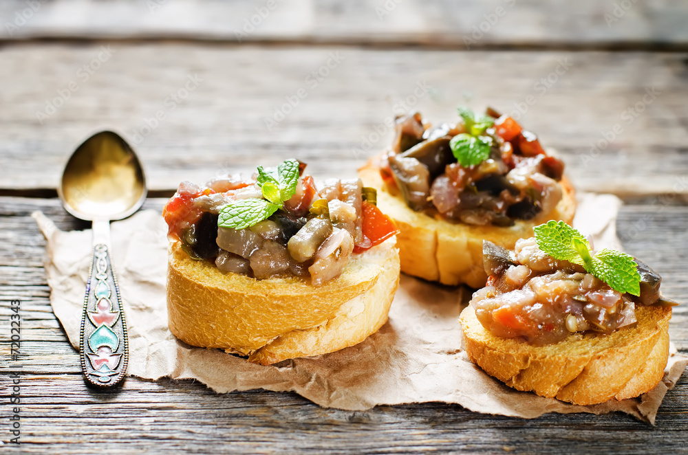 bruschetta with roasted eggplant and tomatoes