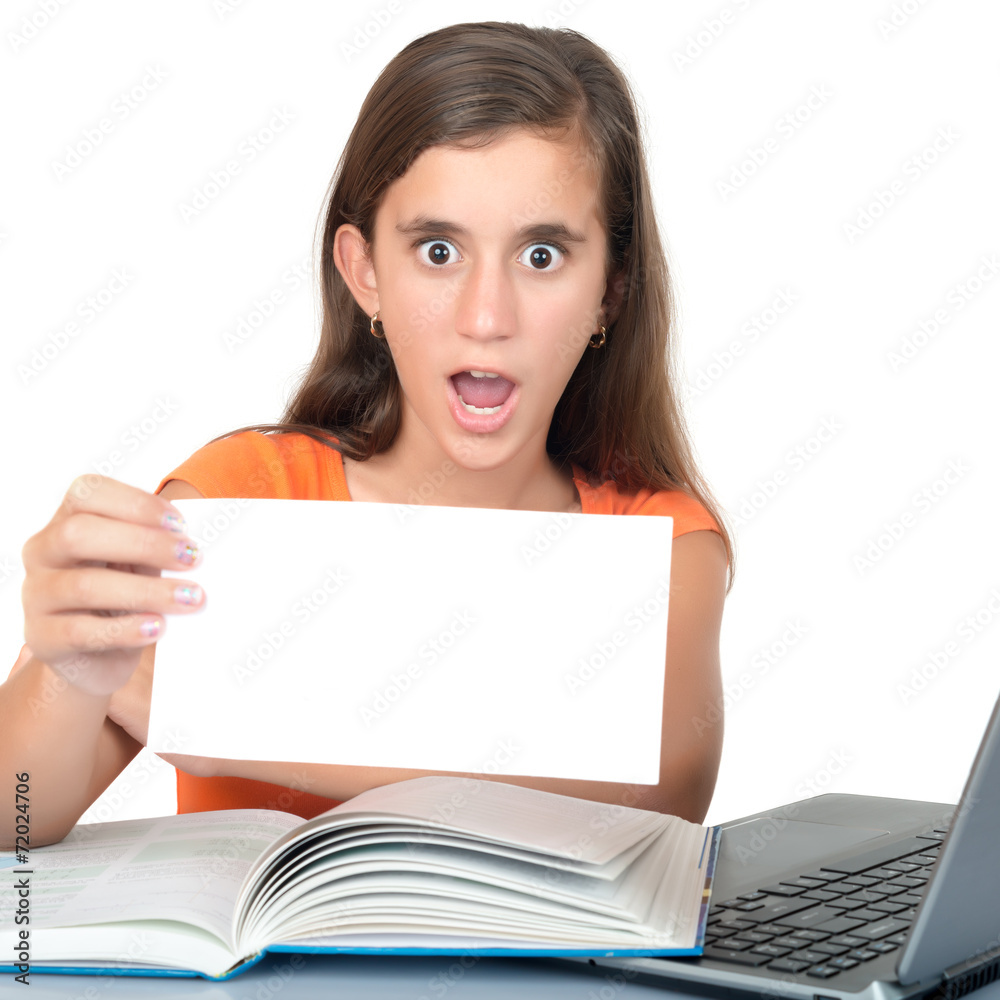 Girl studying and holding a blank sign isolated on white Girl studying and holding a blank sign isolated on white