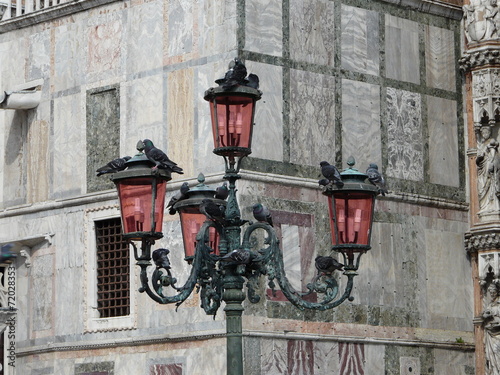Tauben auf Straßenlaterne auf Markusplatz in Venedig