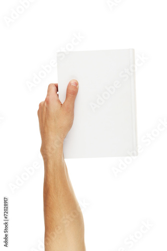 Fototapeta Naklejka Na Ścianę i Meble -  Man hand hold white book isolated on white