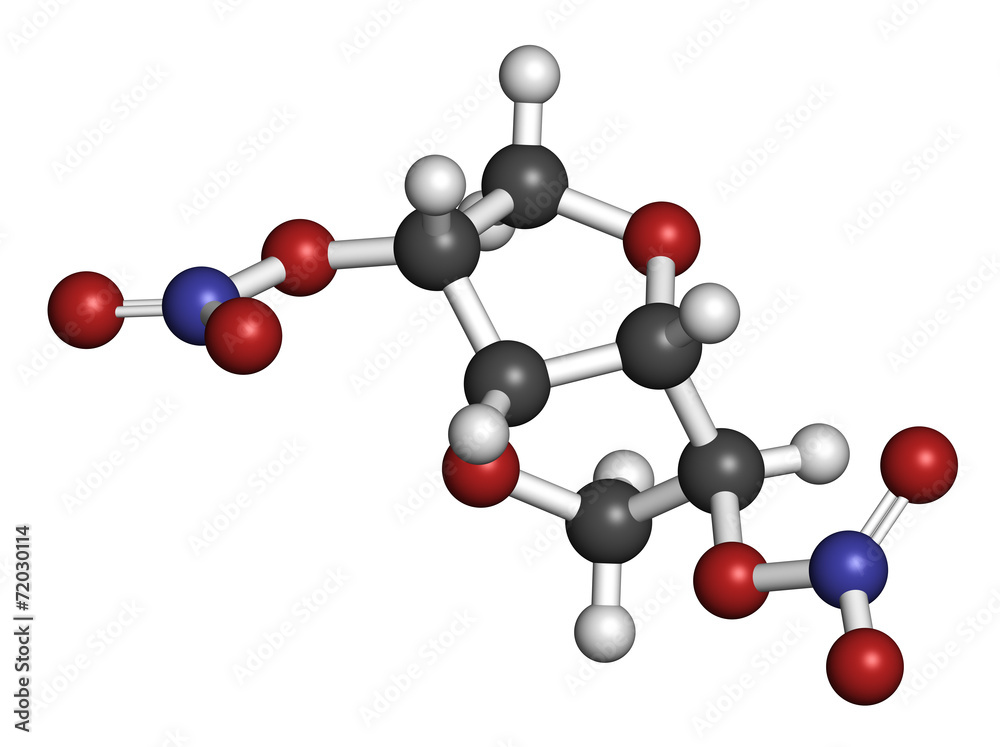 Isosorbide dinitrate (ISDN) vasodilator drug molecule. Isosorbide dinitrate (ISDN) vasodilator drug molecule.
